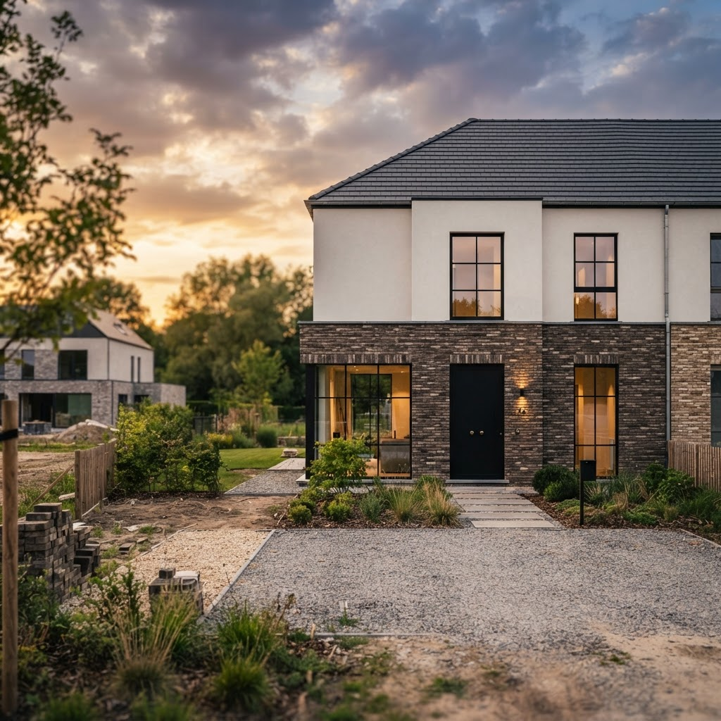 Premium bouwproject van ENSGroup bij zonsondergang